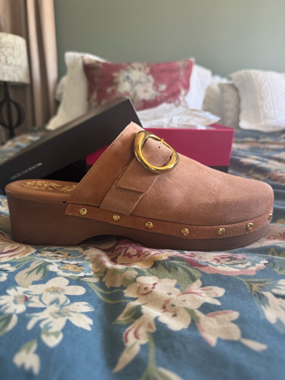 Suede Buckle Clog Mule in Cognac